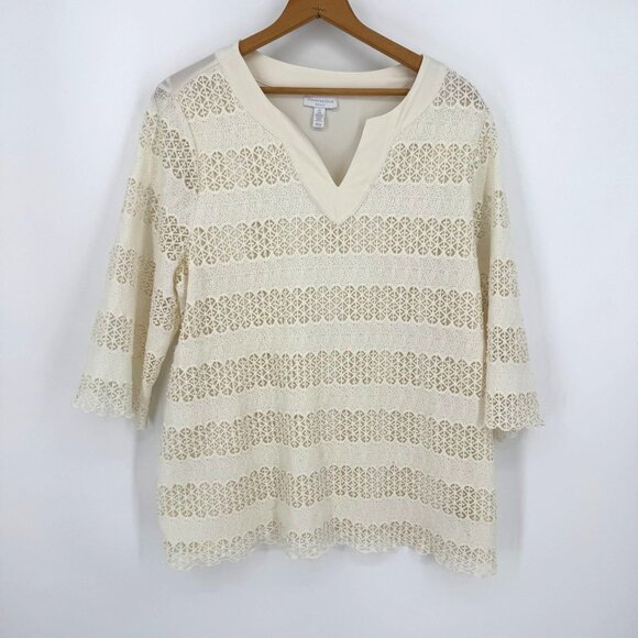 Charter Club Ivory Crochet Lace Blouse Top Womens Size 3x V Neck Vintage Stretch - Picture 1 of 6